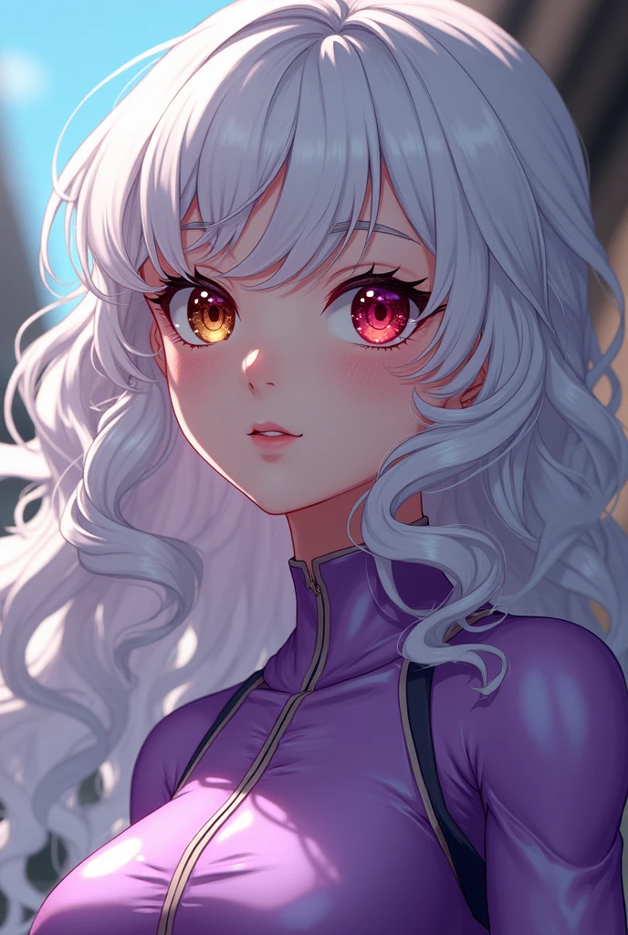 A female character, , with features from the anime MY Hero Academia, she has long, curly white hair, her eyes have heterochromia, the right eye is red and the right eye is brown.left is violet in color.
(The character is wearing a lilac-colored heroine costume,)