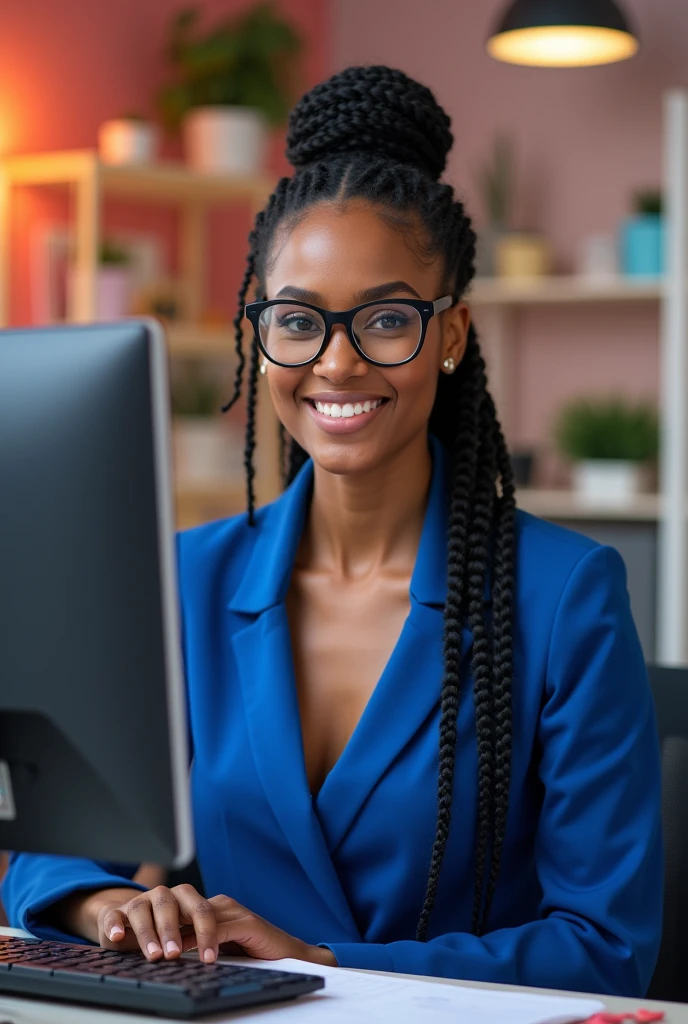 A very beautiful Lady in the office wearing blue clothes wearing black glass braided long hair tied up sitting on a chair in front of a computer while saying these words well come CHIEF COSMETICS 0627037051while smiling the office areas are decorated with different colors