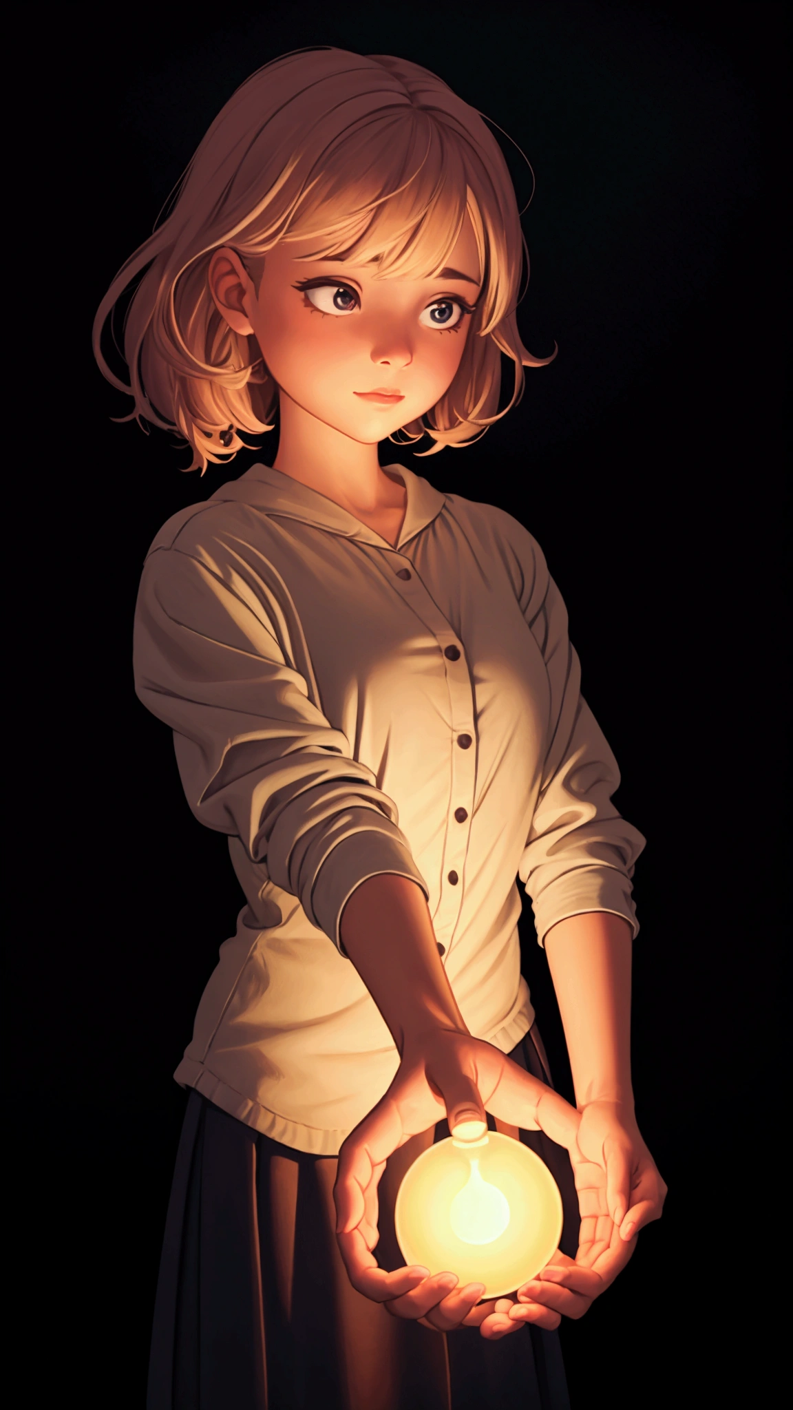 Generated illustration of a girl trying to grab a small light in the darkness