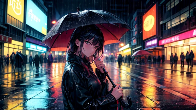 Please focus on drawing a woman sheltering from the rain.。On a street corner in the city、A woman holds an umbrella while worrying about her wet hair、Staring at the rain with a moist expression。In the background、The dimly reflected neon lights of the city and the wet roads are depicted.、Make sure to highlight the female presence。