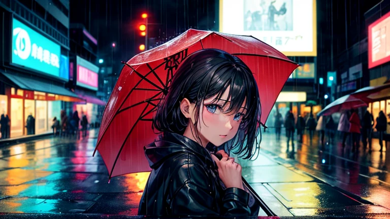 Please focus on drawing a woman sheltering from the rain.。On a street corner in the city、A woman holds an umbrella while worrying about her wet hair、Staring at the rain with a moist expression。In the background、The dimly reflected neon lights of the city and the wet roads are depicted.、Make sure to highlight the female presence。