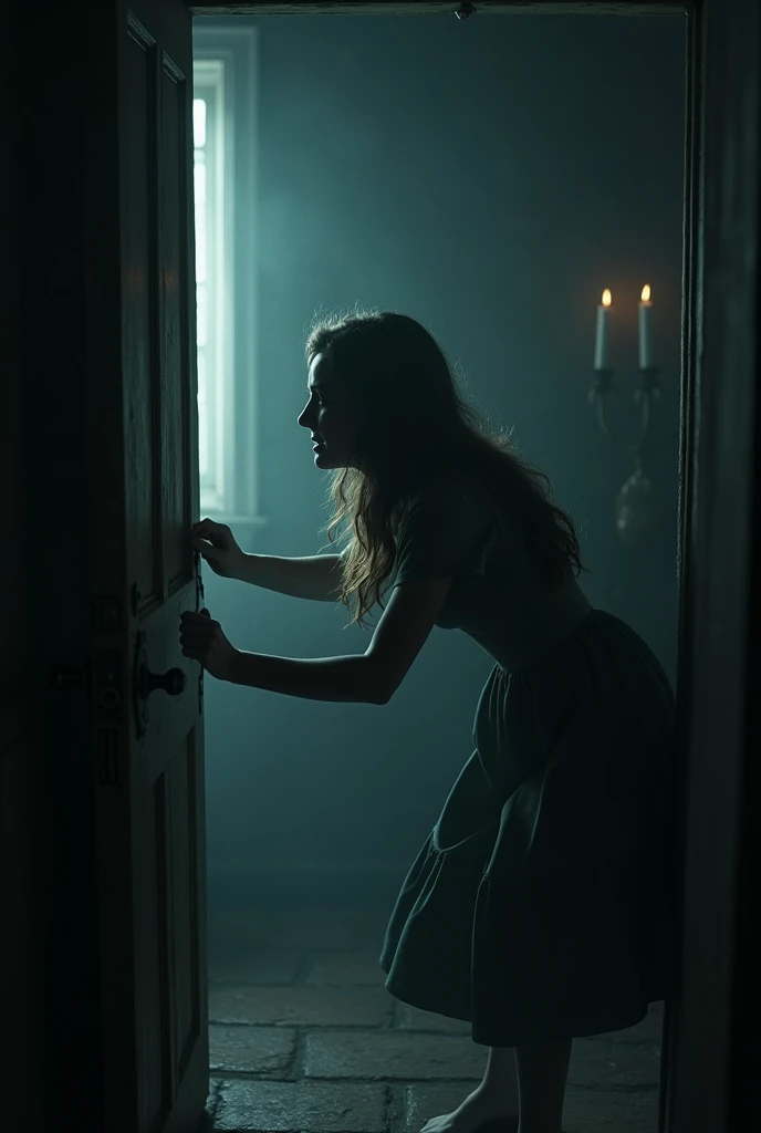 Emma frantically trying to open a locked door in the dim study. The room is cold and eerie, with shadows and ghostly whispers around her.
