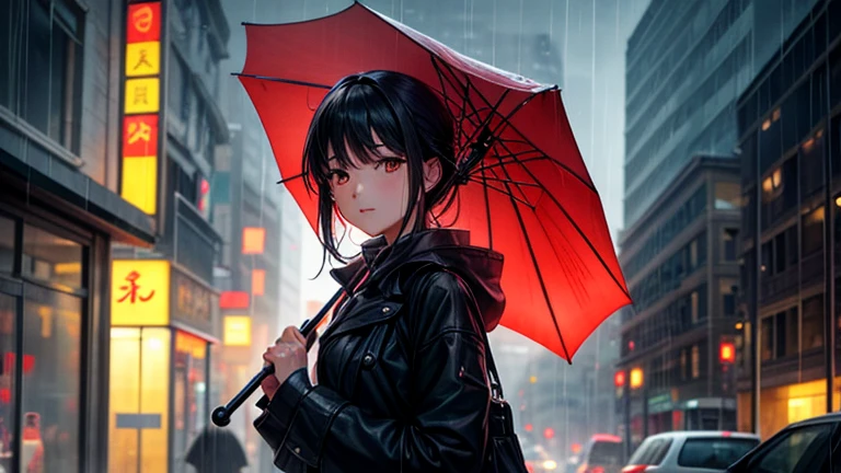 Please focus on drawing a woman sheltering from the rain under the eaves of a building.。Amidst the hustle and bustle of the city、Woman closes her umbrella、I shrug my shoulders to avoid the rain。In the background、The blurred outlines of buildings and car lights are drawn.、Make sure the urban atmosphere highlights the female character as a secondary element.。