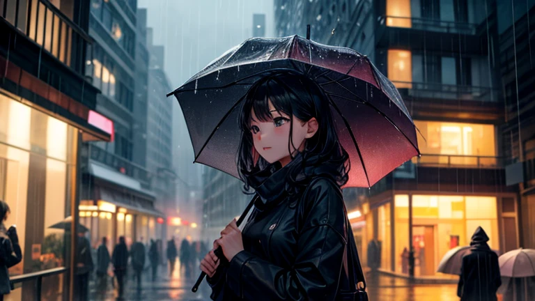 Please focus on drawing a woman sheltering from the rain under the eaves of a building.。Amidst the hustle and bustle of the city、Woman closes her umbrella、I shrug my shoulders to avoid the rain。In the background、The blurred outlines of buildings and car lights are drawn.、Make sure the urban atmosphere highlights the female character as a secondary element.。