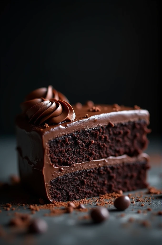 cinematic film still chocolate, chocolate cake, dark background, quality photo, moist texture, frosting, studio photo, slice . shallow depth of field, vignette, highly detailed, high budget, bokeh, cinemascope, moody, epic, gorgeous, film grain, grainy