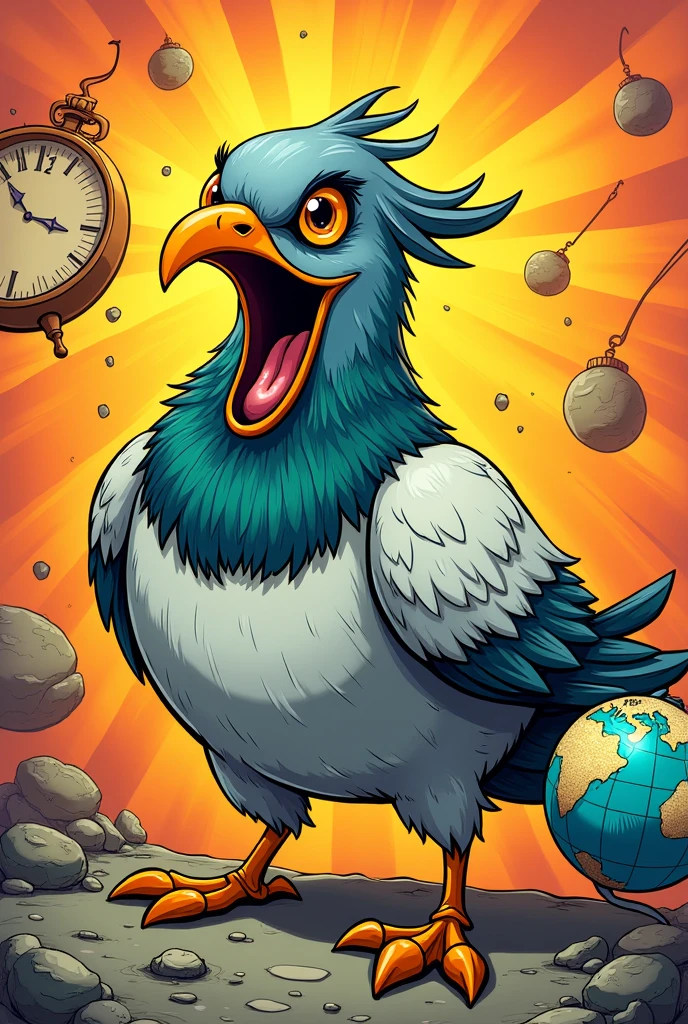 Person who have a head of messenger

Gesture and pose:
Messenger head open mouth wanting to eat the clock while holding a globe on his right hand

Make it a comic style use a vibrant colours