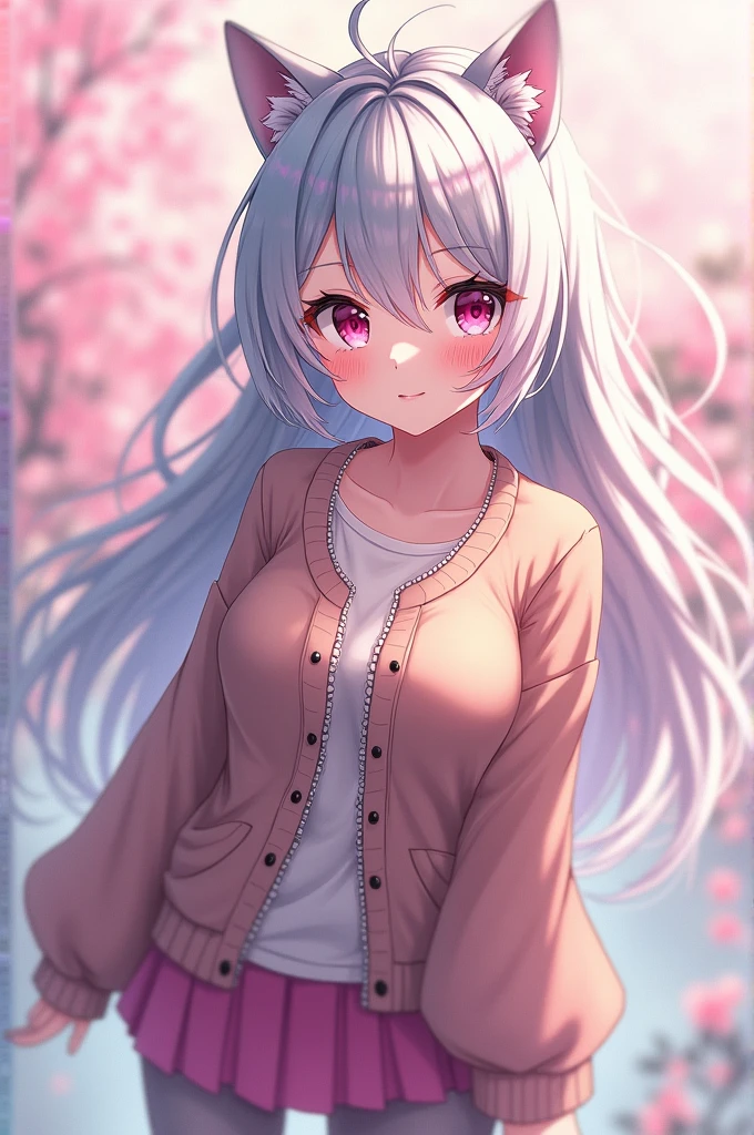 (masterpiece, Highest quality:1.5), (Super detailed, High resolution, 8k, Beautiful details, High resolution, Best Anatomy), Silver Hair, Cat ear、Pink Eyes,Medium chest, 1 cute girl, cardigan, skirt, leggings, looks fun
