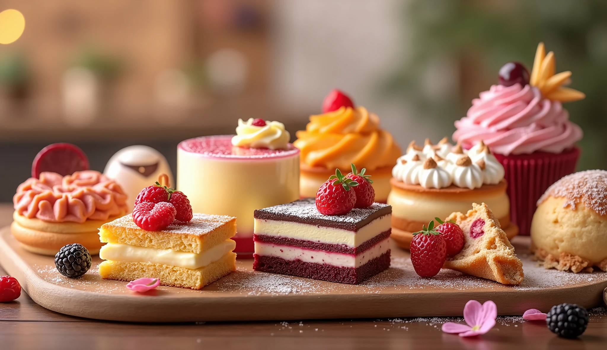 various sweets, delicious sweets, cakes, pudding, waffles, cookies,