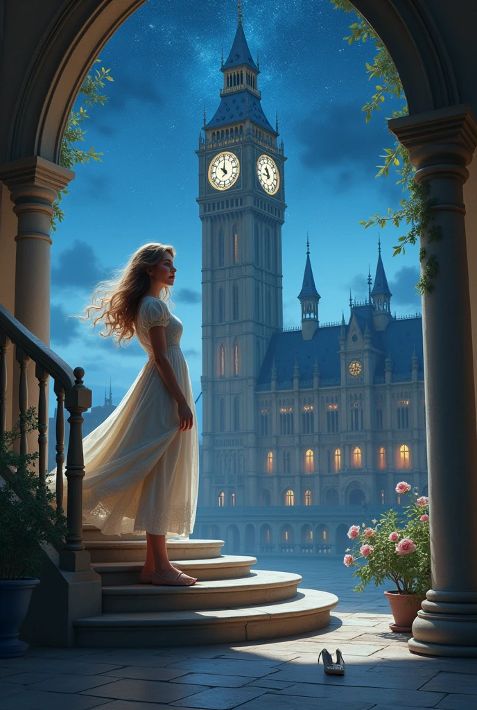 Freckled Cinderella,Castle,Drop one glass slipper down the stairs,12 o&#39;clock clock tower,Star-filled night sky,whole body,