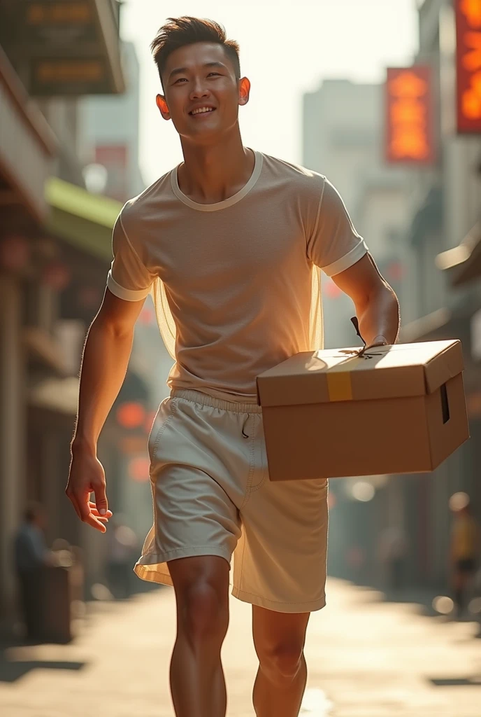 A male，4K，best quality，Ultra-high resolution，Deliveryman，Sweat，translucent，shorts，White socks，sports shoes，Asian，No beard