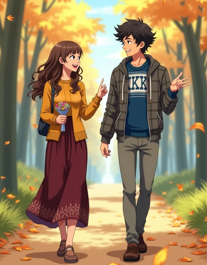 Create a anime style Full-length image of two people walking on a forest path. The woman on the left has long, wavy brown hair and light skin. She is wearing a mustard yellow knit sweater and a long, patterned maroon skirt. She holds a small bouquet of flowers in her left hand. The man on the right has curly black hair and medium skin. He is wearing a blue and white patterned sweater under a grey plaid jacket, paired with grey pants and brown shoes. Both appear to be engaged in a lively conversation, with the man gesturing animatedly. The background is a blurred forest scene, with tall trees and a path covered in fallen leaves.