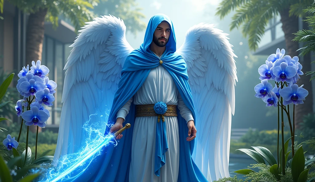 ultra realistic image of archangel michael smiling blue hooded tunic and cape, with his blue flame sword, in the background the modernist garden of a beautiful house, very green, with blue orchids, floor, 