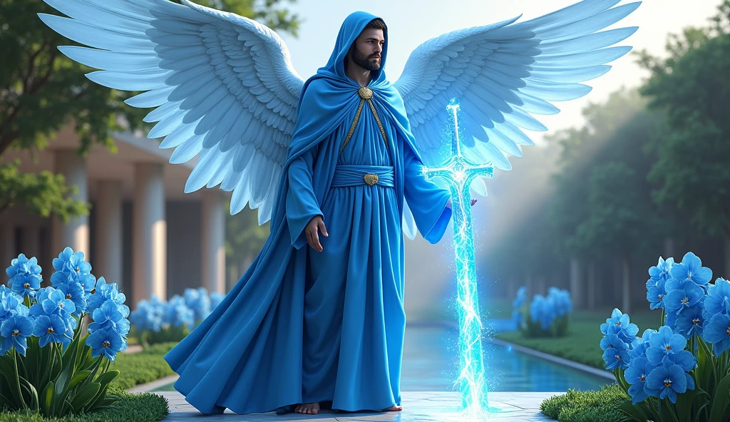 ultra realistic image of archangel michael smiling blue hooded tunic and cape, with his blue flame sword, in the background the modernist garden of a beautiful house, very green, with blue orchids, floor, 