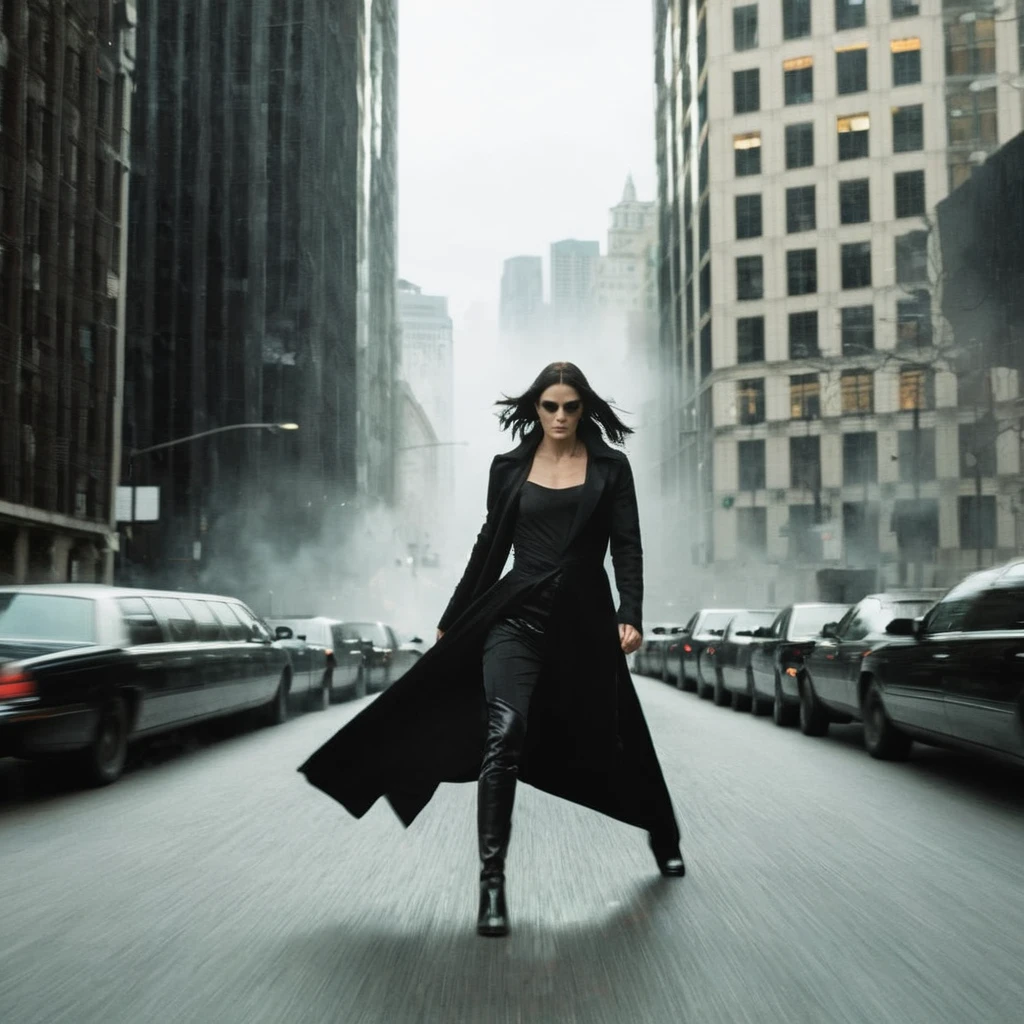 Horror-themed,  neo, and morpheus toghether , solo, black hair, 1girl, weapon, male focus, blurry, building, city, motion blur, road, street, photo background The Matrix Style, Eerie, unsettling, dark, spooky, suspenseful, grim, highly detailed