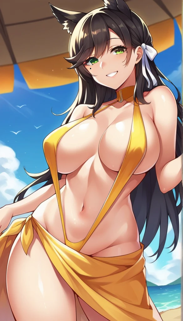 score_9, score_8_up, score_7_up,score_6_up, score_5_up, score_4_up , 1girl, solo, ((Split hair)), ((blonde hair)), ((black hair)). heterochromia, brown eyes and green eyes, atago_\(azur_lane\),atago_\(summer_march\)_\(azur_lane\), brown eyes,mole_under_eye,white_bikini,sarong, large breasts, slingshot swimsuit, golden swimsuit, smile, atagokc, blonde hair, green eyes, long hair, bangs, hair between eyes, happy, cowboy shot, beach background