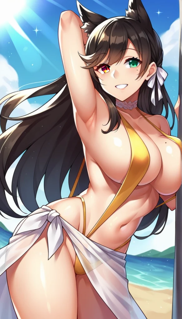 score_9, score_8_up, score_7_up,score_6_up, score_5_up, score_4_up , 1girl, solo, ((Split hair)), ((blonde hair)), ((black hair)). heterochromia, brown eyes and green eyes, atago_\(azur_lane\),atago_\(summer_march\)_\(azur_lane\), brown eyes,mole_under_eye,white_bikini,sarong, large breasts, slingshot swimsuit, golden swimsuit, smile, atagokc, blonde hair, green eyes, long hair, bangs, hair between eyes, happy, cowboy shot, beach background