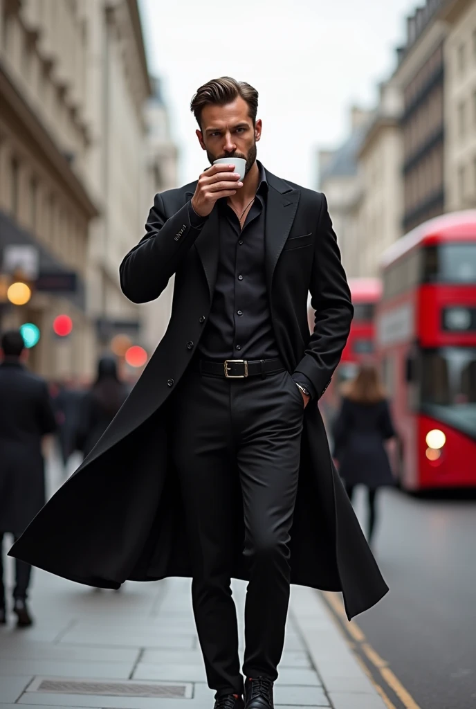 Man sipping coffee in central london wearimg black shirt black pant black boots and black long coat