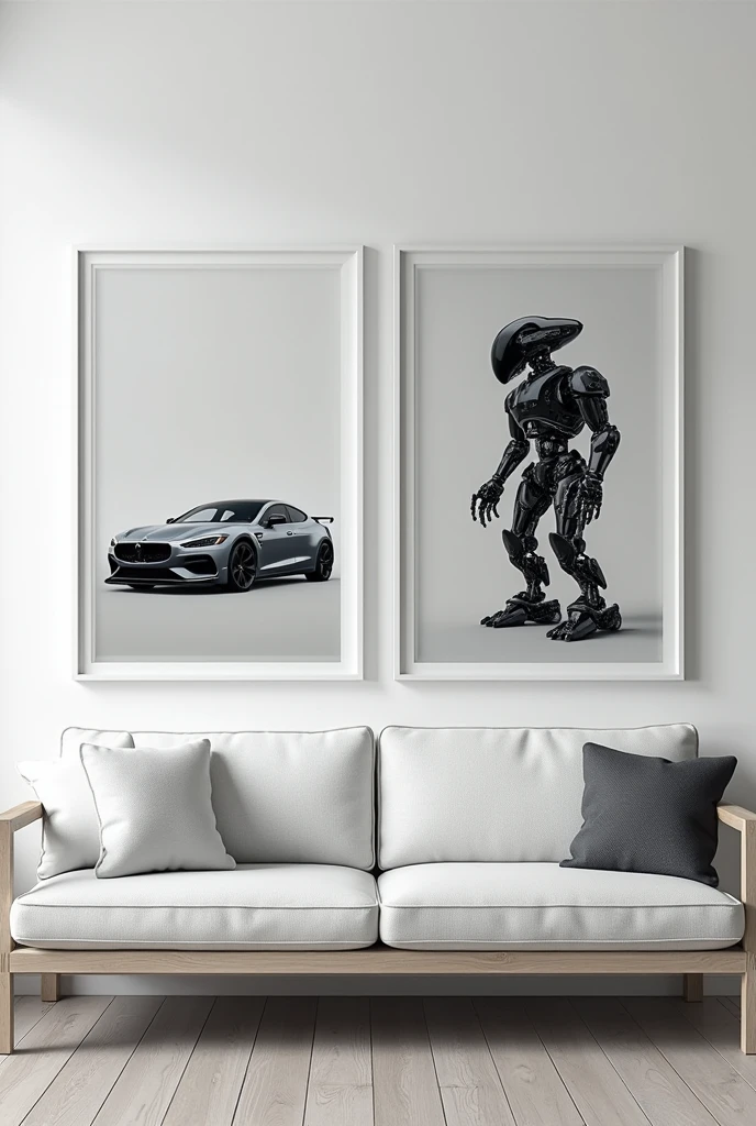 (photorealism:1.2), dark white wall  with  pictures of a car, a Industrial robot, without frame realistic, intricate details