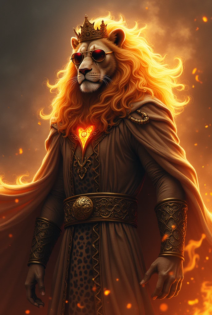 If the star sign leo was a lion shifter, hes very regal he wears a crown and has a cheata print robe and wears sunglasses his mane is wavy and looks like fire