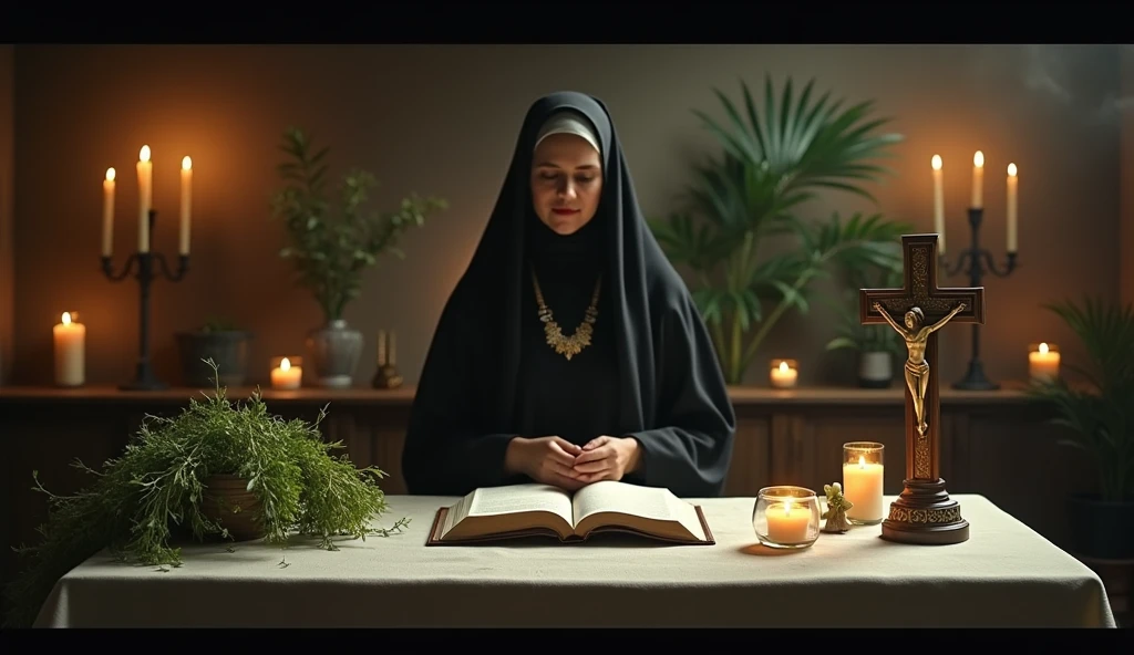 a table decorated with lit candles, fresh herbs, An open Bible, And a crucifix. As the camera slowly zooms in, a lady Mother Benedita das Folhas begins to speak calmly and authoritatively