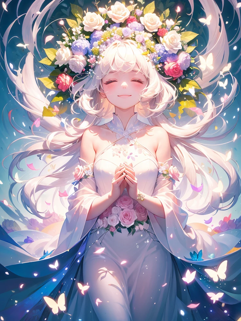 (masterpiece、Highest quality、Highest quality、Beautiful and beautiful:1.2)、(Perfect Anatomy:1.2)、Milky white straight hair girl、Butterfly Fairy、Floral costume、A radiant smile、Bow your head and gently close your eyes、I join my hands in prayer.。、Flowers and leaves on head、Surrounded by lots of flowers、Rose flowers blooming profusely、Rose Garden