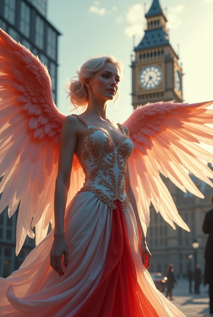 Very beautiful woman angel, Costumes based on the English flag, Standing in front of Big Ben