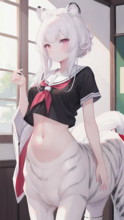 (best quality, masterpiece), 1 girl, centaur, I beg, White skin, Japanese schoolgirl, black pink, exposing the abdomen, belly button t-shirt , Beautiful girl perfect white tiger photo, perfect white tiger photo