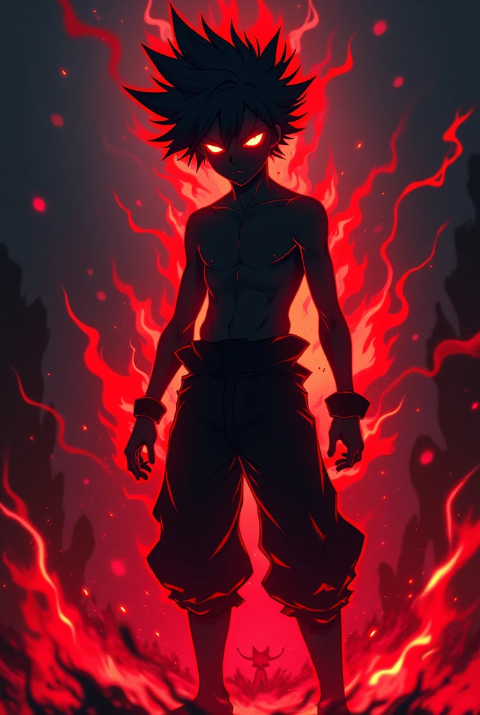 Anime girl.. An abstract, dark silhouette of a character with two bright, glowing eyes. The character is surrounded by intense, neon flames or energy that gives a sense of power and movement. The silhouette's hair is wild and spiky, as if made of fire. The background is filled with swirling, vibrant energy, creating a supernatural and otherworldly atmosphere. The overall look is mysterious, with a strong neon and black color contrast, emphasizing the glowing eyes and energy.