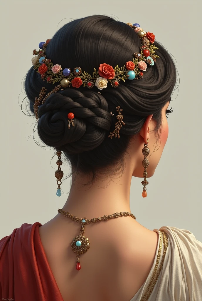 Greek hairstyle visible from behind decorated with period accessories.