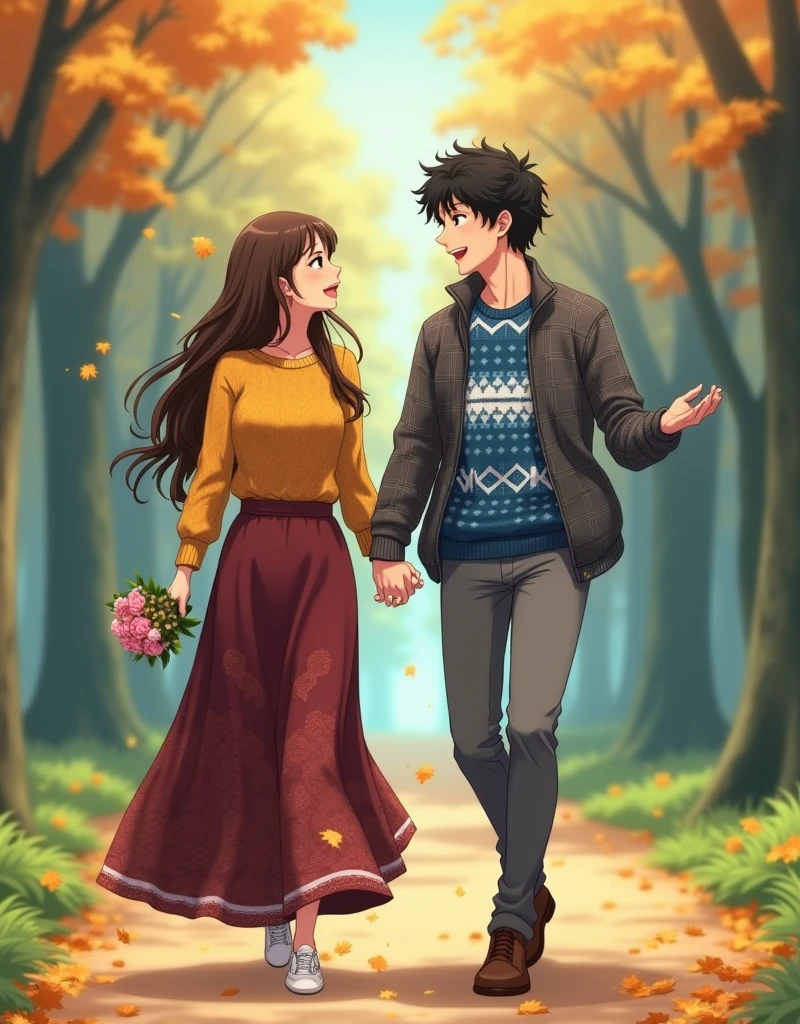 Create a anime style Full-length image of two people walking on a forest path. The woman on the left has long, wavy brown hair and light skin. She is wearing a mustard yellow knit sweater and a long, patterned maroon skirt. She holds a small bouquet of flowers in her left hand. The man on the right has curly black hair and medium skin. He is wearing a blue and white patterned sweater under a grey plaid jacket, paired with grey pants and brown shoes. Both appear to be engaged in a lively conversation, with the man gesturing animatedly. The background is a blurred forest scene, with tall trees and a path covered in fallen leaves.