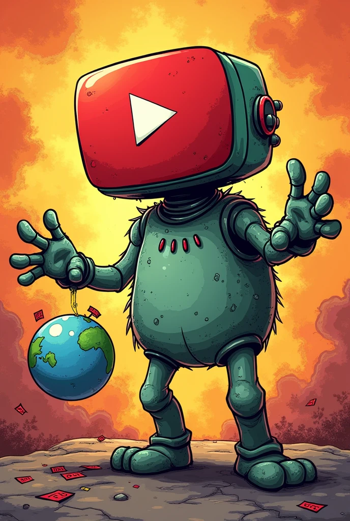 Person who have a head of YouTube logo

Gesture and pose:
Messenger head open mouth wanting to eat the clock while holding a globe on his right hand

Make it a comic style use a vibrant colours