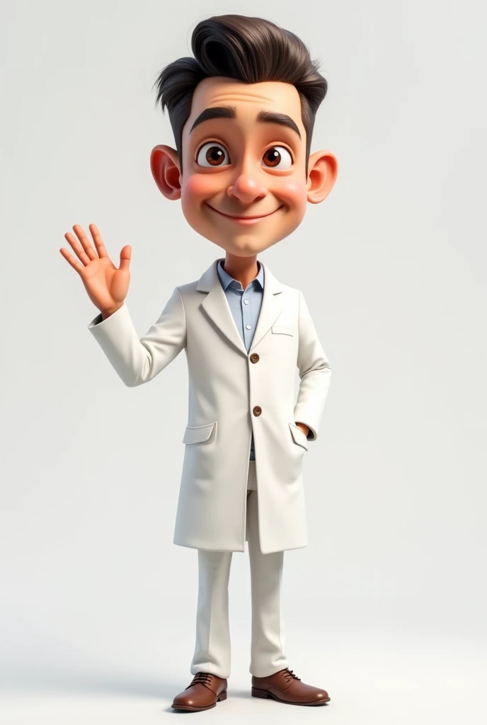 HD 4k style caricature, man with neat short hair, wearing a white coat, long white trousers, waving his right hand, plain background, realistic