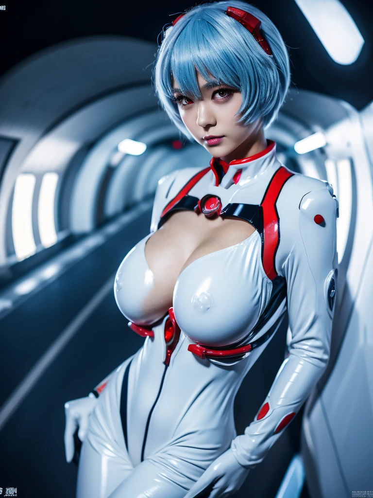 (highres, best quality), Rei Ayanami, Beautiful Mixed Pretty Japanese Babe Face. Beautiful Face, Detailed Beautiful bright red eyes,ultra gigantic breasts: 1.3, super huge breasts: 1.3, ultra huge cleavage: 1.3 beautiful slim body, Super Blue Short Hair, kimono, white plugsuit, combine realism and anime influences, sorrow beautiful face, Intense Beautiful gaze, model pose, space station,