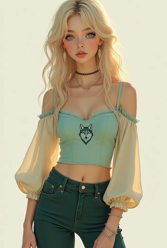 A girl with a slightly fair complexion and a heart-shaped face. Ma długie sięgające do łopatek włosy z blond sombre z przodu twarzy z grzywką po obu stronach twarzy i dużych szafirowych oczach. She wears a beige long-sleeved blouse over a pastel mint top with a pencil sleeve and a wolf motif.. On her feet she puts on dark green denim pants with a not too short chain that reaches halfway down her left thigh and a pair of black sneakers.