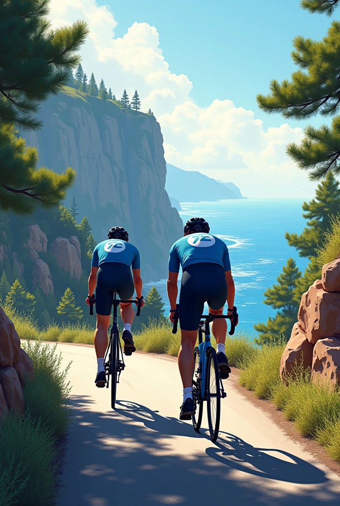 Créer moi une photo de 2 cyclistes dont un avec un vélo de contre la montre et un autre avec un vélo route. Les 2 porteront un maillot bleu et seront sur une route surplombant la mer. Cette route traverse une forêt de pin en passant entre 2 falaises rocheuses . Sur le bord de la route il doit y avoir du romarin et du thym.
Les visages devront être visible