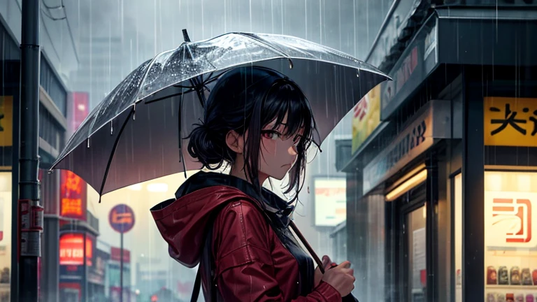 Mainly featuring a woman sheltering from the rain、Please draw the urban atmosphere as a sub-element.。The woman was in front of a convenience store.、Quietly waiting for the rain to stop。In the background、The dim city lights and rain-soaked glass are depicted.、Make sure the female facial expression and pose are emphasized。