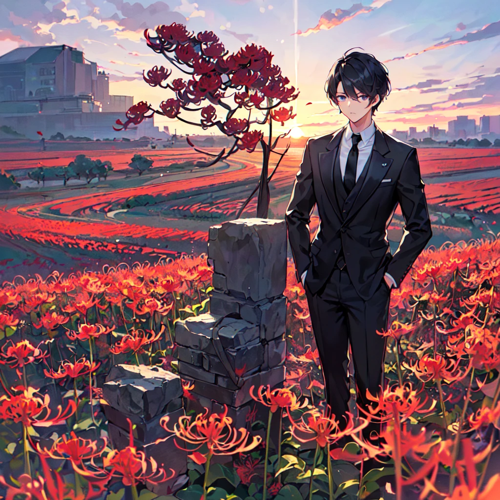 masterpiece,best quality,high quality,(1male austere handsome solo adult age 30 years old:1.5), purple eyes, cool with suspended eyes, V-shaped eyebrows, body strong and fearless 8.5 head tall, height 185cm, (well-groomed black short hair down to neck:1.4), (bangs 7 thirds parted:1.4), slender nose, facial muscles, throat, (black suit black tie black pants:1.3), (standing:1.3), (stylish pose), (cool sad expression:1.3), (Red spider lily flower field:1.3) , (sunrise:1.3)