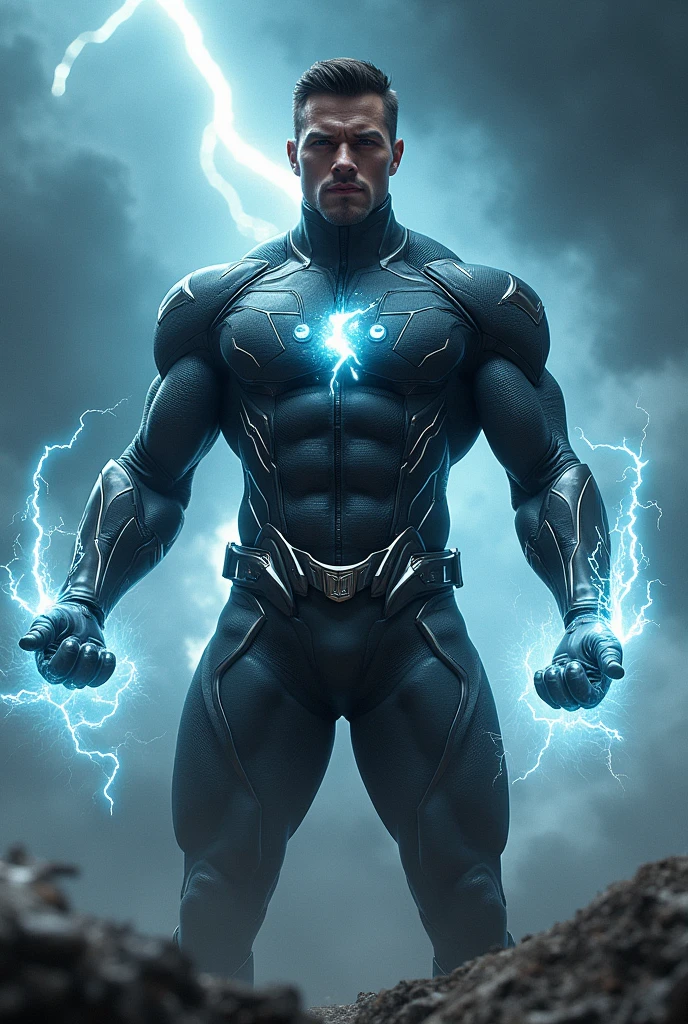 A superhero with thunder powers without a cape and with lots of details