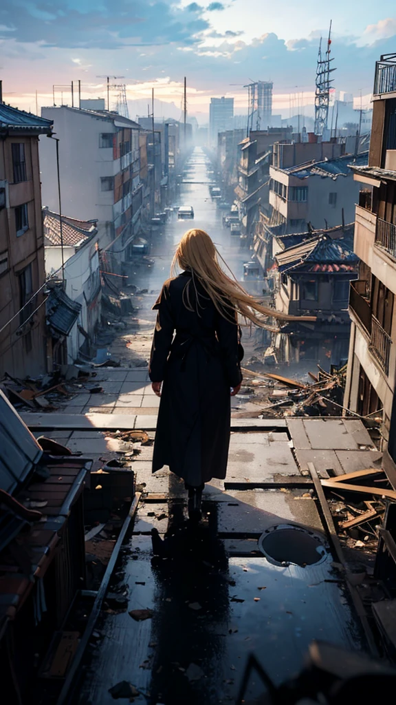 1people々々々々々々々々々々々々々,Blonde long-haired woman,Long coat, Dress Silhouette, Rear View, Anime Style, Looking down from the rooftop at the rubble-covered city.,Collapsed building,Seeing missiles cover the sky,