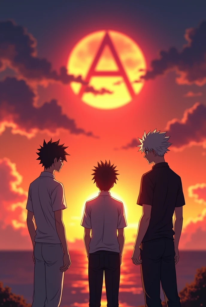 trio that facing to the beautiful sun set and has ph akatsuki on top of the image and they're in anime and they're all man and the one guy is 5'2 height and the man on the middle is 5'4 height and the man on the right is 5'7 height 