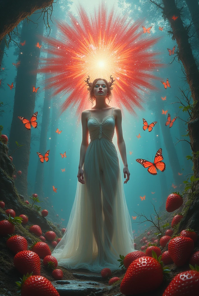 a clothesque unearthly image of a female strange creature emitting an inner bright light against a background of butterflies and broken glass completing a swirling fluffy explosion of an icy strawberry sphere consisting of velvet corduroy drip irrigation