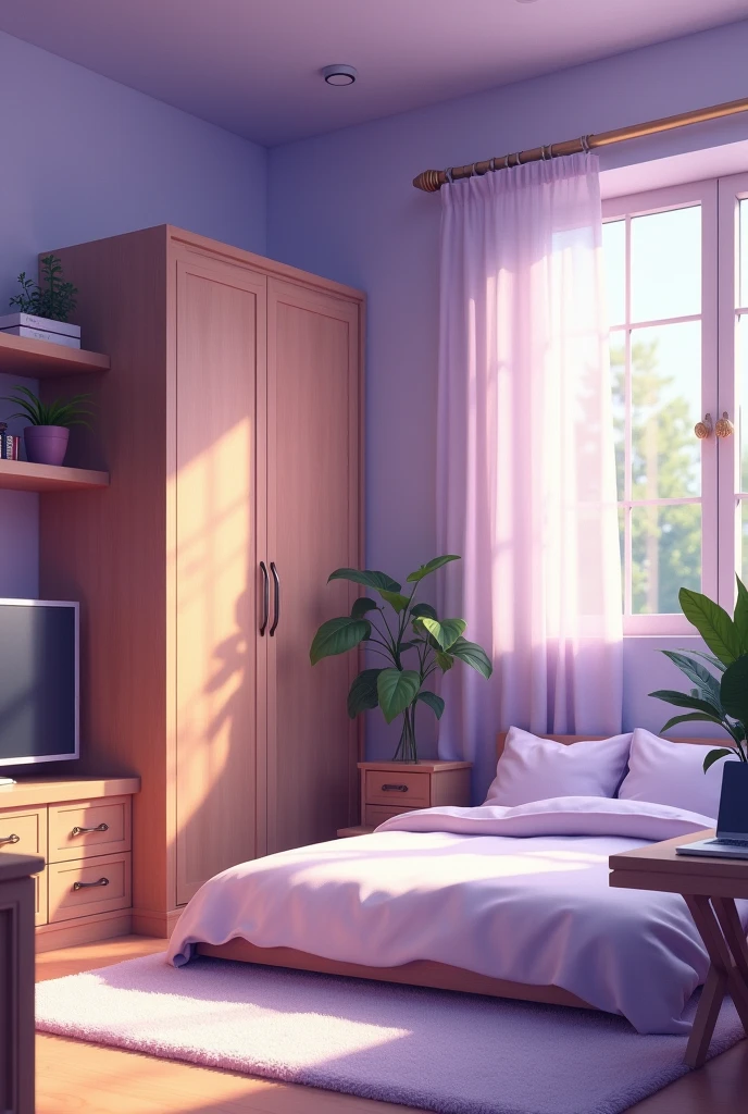 A large lilac room with a bed in the center, a wardrobe with a curtained window and a table with a laptop, a television in front of the bed with a shelf on the right side and a door for the companion with a book shelf above the laptop.