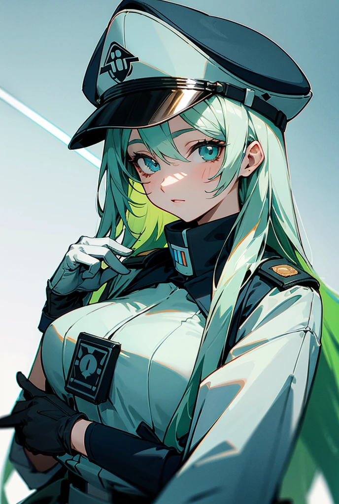 bondrewd wearing a blue peaked cap with light color green hair, 1girl, long hair, gloves, green eyes, white gloves, blue military uniform, looking at you, very long hair, white hair green color inner, uniform, solo, mature female, perfect body, beautiful background, an anime cartoon female officer working on their paperwork in an office, ultra detailed, detailed eyes, Star Wars CIS emblem on the hat, vibrant colors
