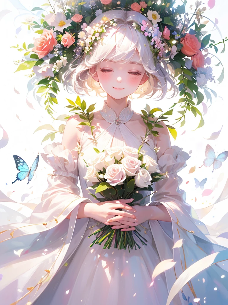(masterpiece、Highest quality、Highest quality、Beautiful and beautiful:1.2)、(Perfect Anatomy:1.2)、Milky white straight hair girl、Butterfly Fairy、Floral costume、A radiant smile、Bow your head and gently close your eyes、I join my hands in prayer.。、Flowers and leaves on head、Surrounded by lots of flowers、Rose flowers blooming profusely、Rose Garden