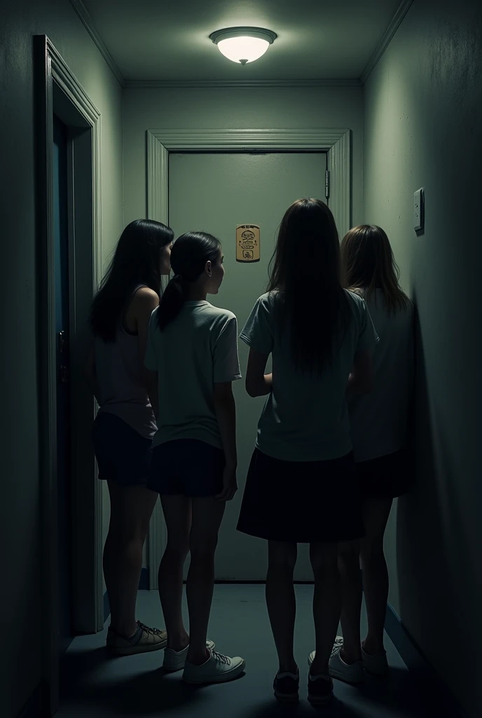 Emma, looking distressed, reunites with her friends in a dimly lit hallway. They are all looking at the locked front door with concern.