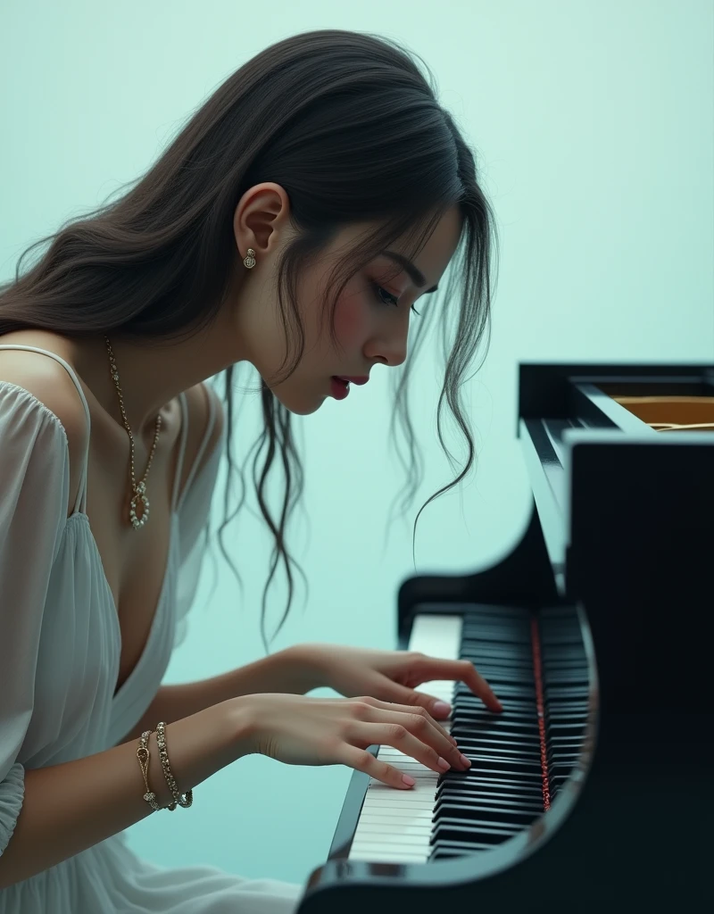 What I associate with her is a quiet lake surface without even a ripple. In front of the piano, she is enveloped in a clear tension and sharp concentration like a veil of water. There is only the piano and her. High Resolution, Long Hair, Jewelry, Depth Of Field, Minimalism, Best Quality, 