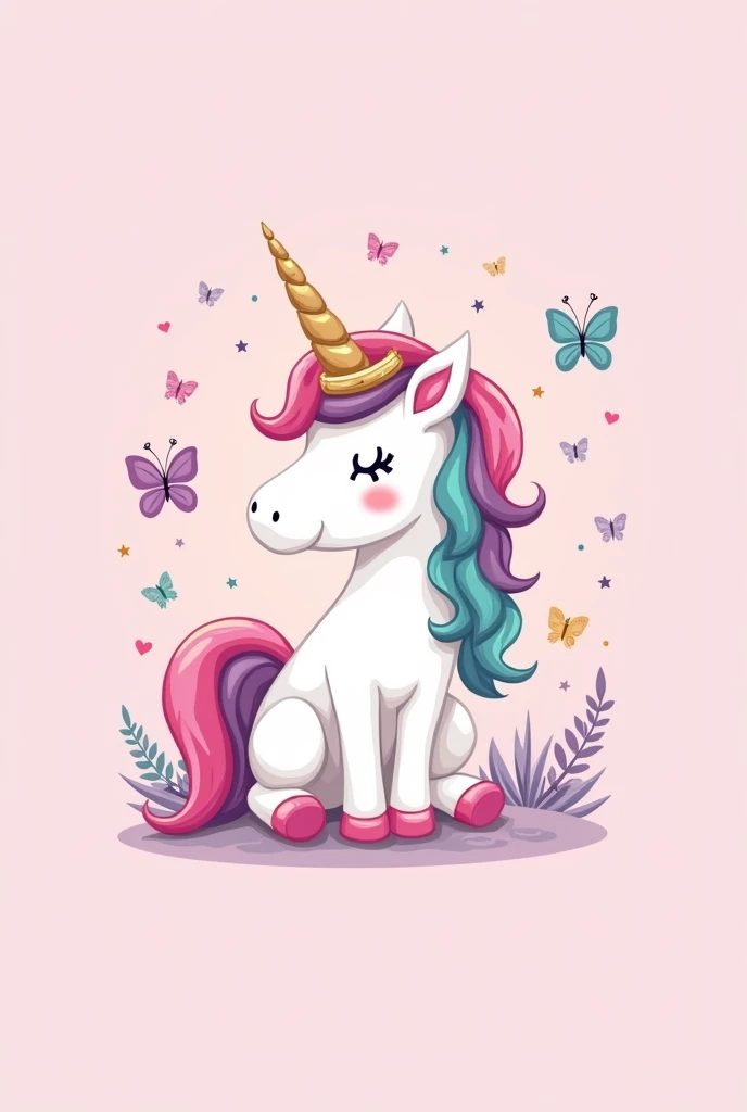 Logo with light pink background featuring cute unicorn with pink and aqua green mane wearing a crown , with glitter and butterflies and the words “Paraíso Encantado stationery”