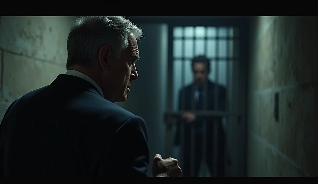 Scene: The ConfrontationPrompt:Design a dramatic scene showing a mature detective in a dark suit, standing outside the prison cell or in a shadowy corridor. The detective should have a troubled and contemplative expression. Position him near the cell, observing the male killer with a mix of frustration and concern. Use harsh lighting to emphasize the tension between the two characters. The background should be dark and oppressive, with minimal details to keep the focus on the characters.