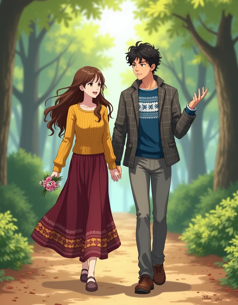 Create a anime style Full-length image of two people walking on a forest path. The woman on the left has long, wavy brown hair and light skin. She is wearing a mustard yellow knit sweater and a long, patterned maroon skirt. She holds a small bouquet of flowers in her left hand. The man on the right has curly black hair and medium skin. He is wearing a blue and white patterned sweater under a grey plaid jacket, paired with grey pants and brown shoes. Both appear to be engaged in a lively conversation, with the man gesturing animatedly. The background is a blurred forest scene, with tall trees and a path covered in fallen leaves.