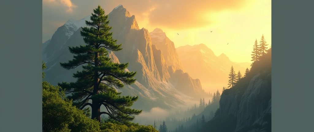 A golden mountain and a tree in front